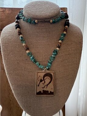 Turquoise Chip Beaded Pottery Pendant Necklace - Artisan Boho Style